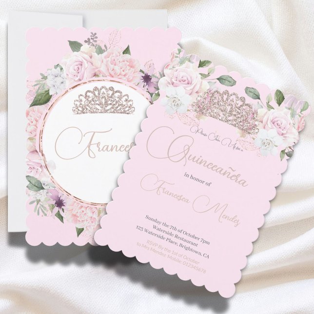 Invitation Quinceanera rose Floral Chic Tiara Moderne (Créateur téléchargé)