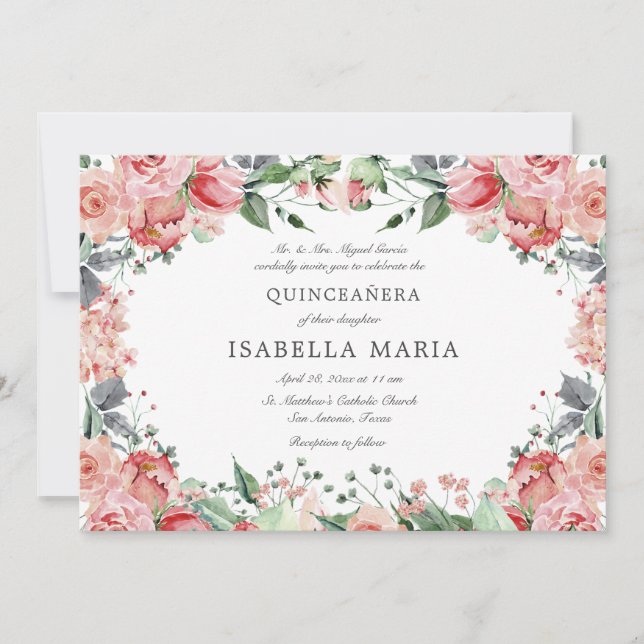 Invitation Quinceañera rose floral élégant (Devant)