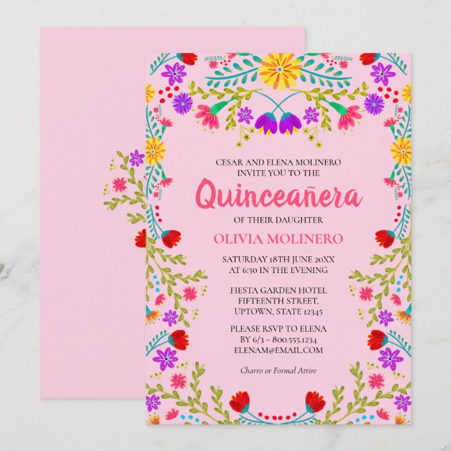 Invitation Quinceanera rose Floral mexicain 15e anniversaire (Devant / Derrière)