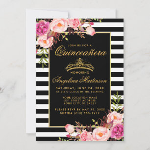 Invitation Quinceanera Rose Floral Or Grilles