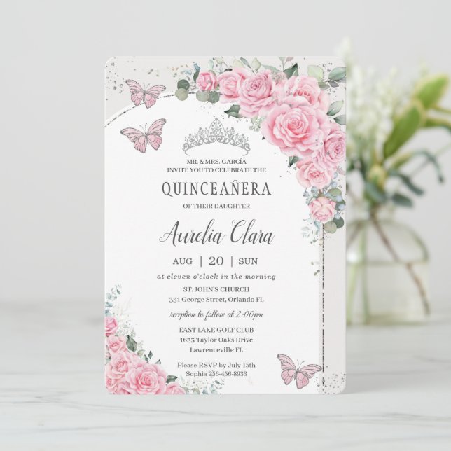 Invitation Quinceañera Rose Floral Princess 15 Años Papillon (Debout devant)