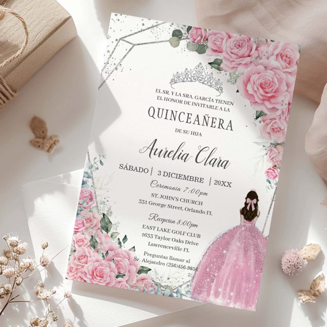 Invitation Quinceañera Rose Floral Princess Argent Anniversai (Créateur téléchargé)