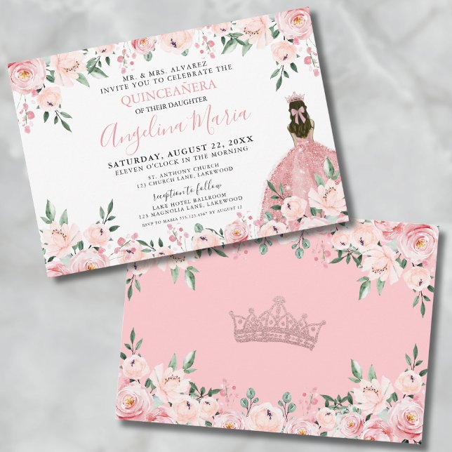 Invitation Quinceanera rose florale (Floral Blush Pink Quinceanera Invitation)