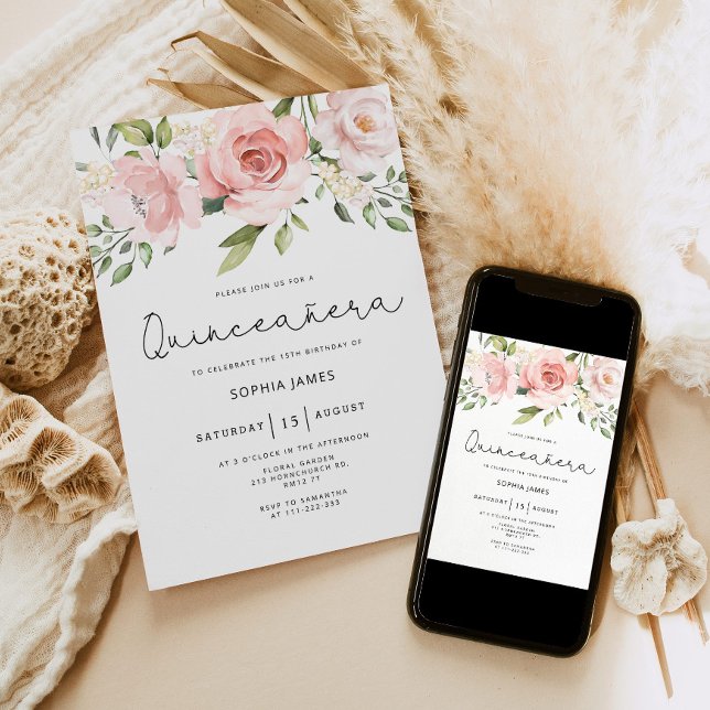 Invitation Quinceanera rose florale 15e anniversaire (Créateur téléchargé)
