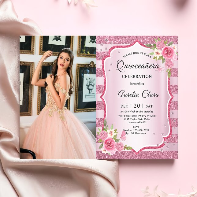 Invitation Quinceañera rose florale Photo Anniversaire (Créateur téléchargé)