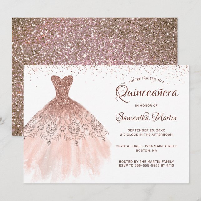 Invitation Quinceanera Rose Gold Parties scintillant robe Gla (Devant / Derrière)