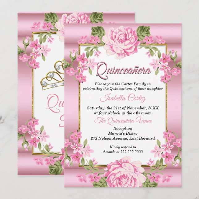 Invitation Quinceanera rose jolie Pays Or Floral (Devant / Derrière)