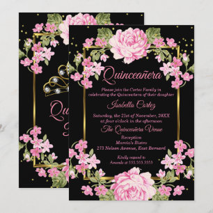 Invitation Quinceanera Rose Joliment Floral Country Or Noir