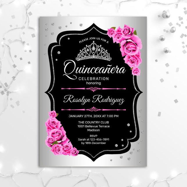 Invitation Quinceanera - Rose noir argenté (Créateur téléchargé)