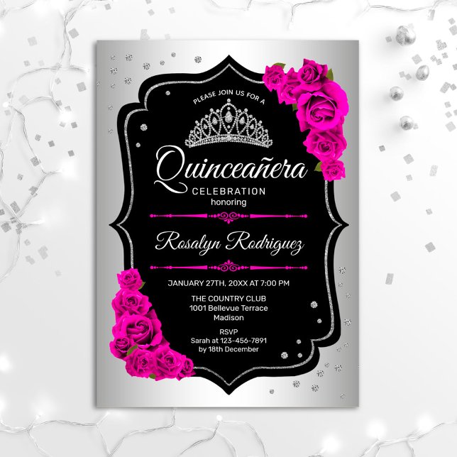 Invitation Quinceanera - Rose noir argenté (Créateur téléchargé)