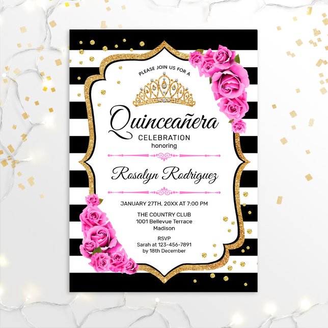 Invitation Quinceanera - Rose noir blanc (Créateur téléchargé)