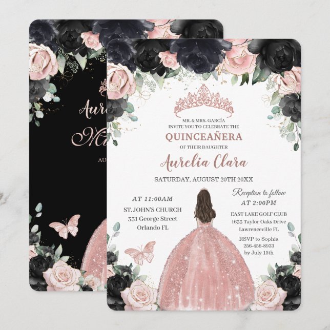 Invitation Quinceañera Rose noir Rose or princesse (Devant / Derrière)