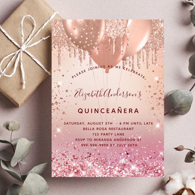 Invitation Quinceanera rose or rose parties scintillant ballo (Créateur téléchargé)