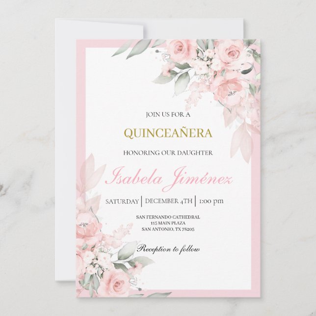 Invitation quinceañera rose pâle (Devant)