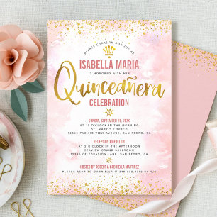 Invitation Quinceañera Rose Pâle Aquarelle Feuille Dorée Fémi
