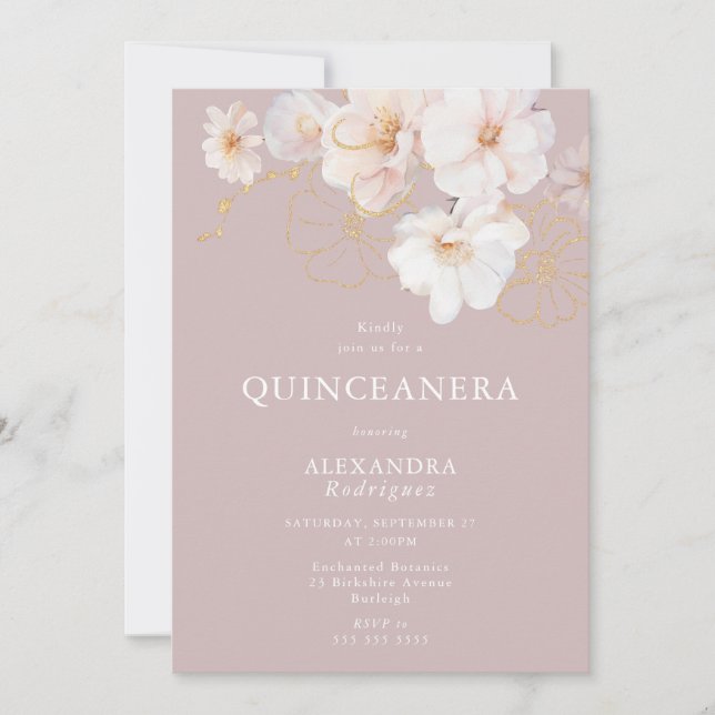 Invitation Quinceanera rose pâle, élégante Fleur sauvage Dust (Devant)