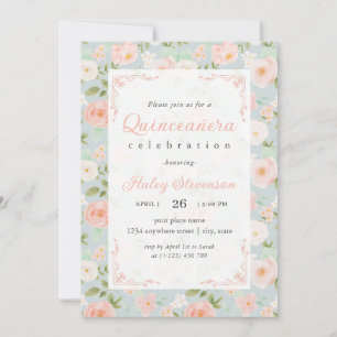 Invitation Quinceanera Rose Pâle Féminin Élégant Chic Floral