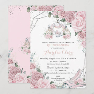 Invitation Quinceañera Rose Pâle Florale Princesse Carrosse