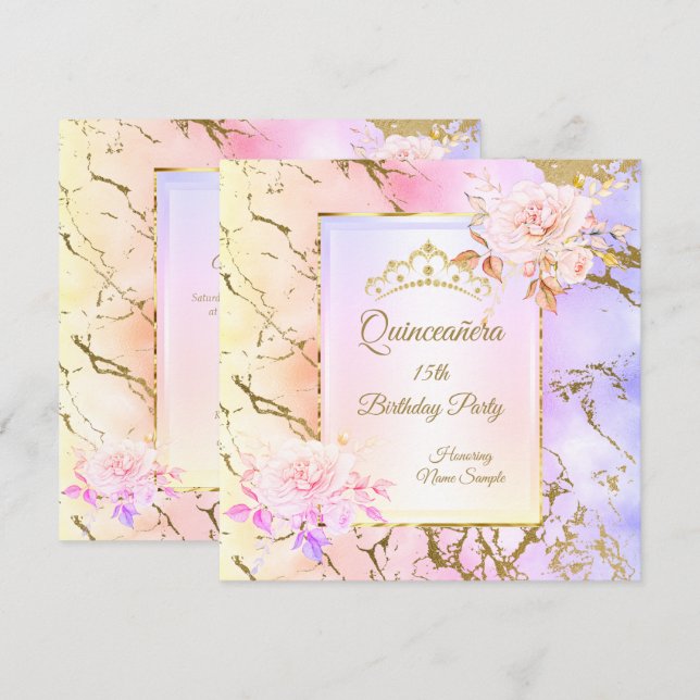 Invitation Quinceanera Rose Purple Pink Gold fête d'anniversa (Devant / Derrière)
