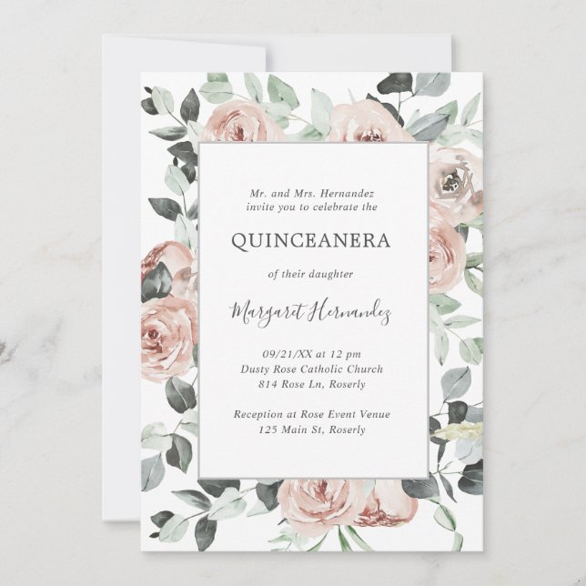 Invitation Quinceanera Rose rose Dusté (Devant)