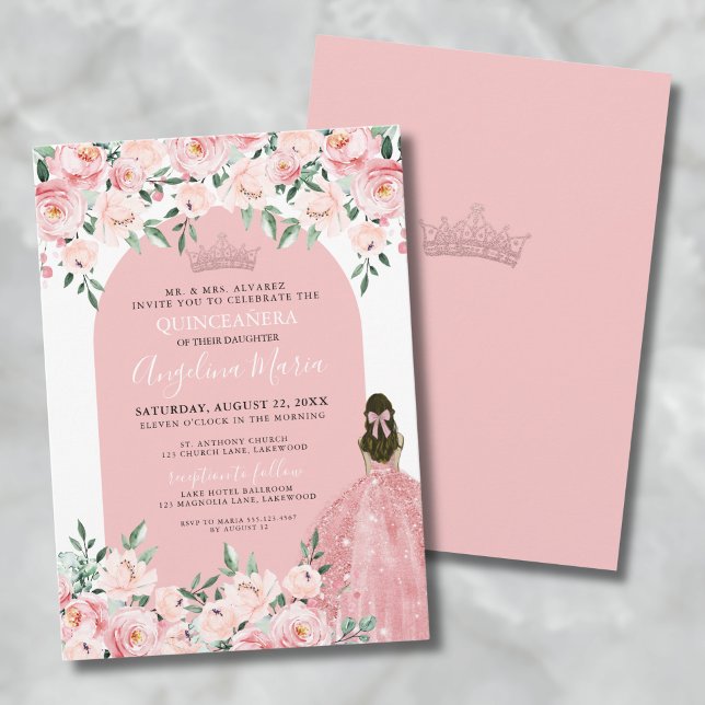Invitation Quinceanera rose rose pâle du Rose floral (15th Birthday Pink Floral Quinceanera Invitation)