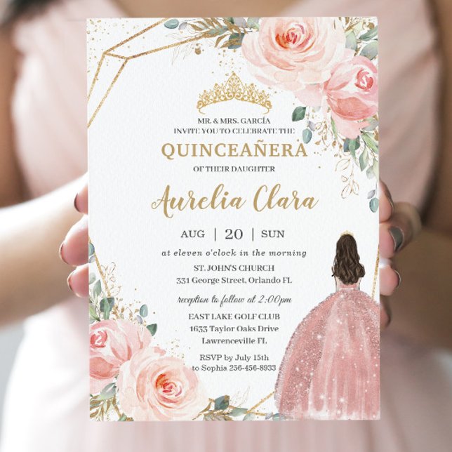 Invitation Quinceañera Rose rose pâle Floral Mis Quince Anos (Créateur téléchargé)