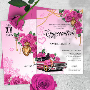 Invitation Quinceanera rose rose rose noir Chola Chicana