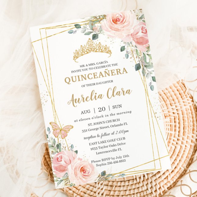 Invitation Quinceañera rose rose rose rose rose papillon flor (Créateur téléchargé)
