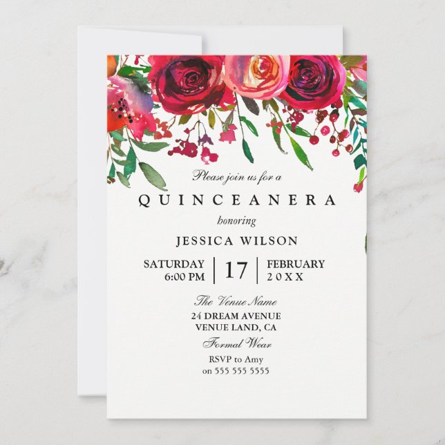 Invitation Quinceanera Rose & Rose Rouge (Devant)
