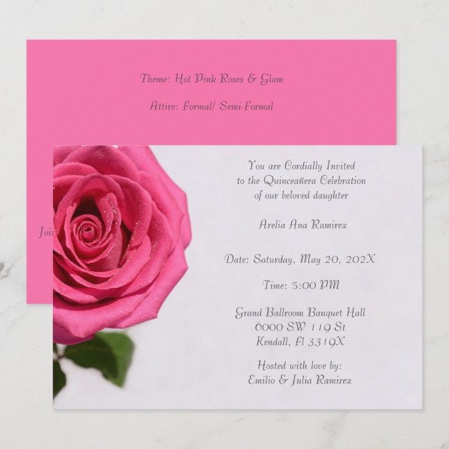 Invitation Quinceañera rose rose simple (Devant / Derrière)