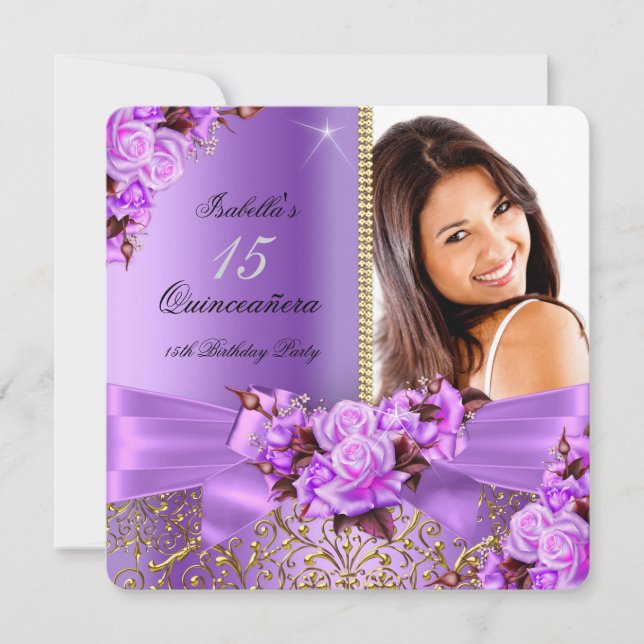 Invitation Quinceanera Rose rose violet Or 15e anniversaire (Devant)