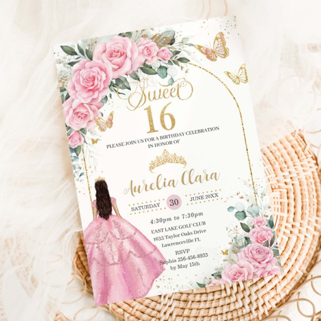 Invitation Quinceañera Rose Roses Floral Brunette Girl Gold (Créateur téléchargé)