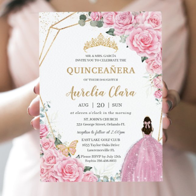 Invitation Quinceañera Rose Roses Floral Gold Princesse Couro (Créateur téléchargé)