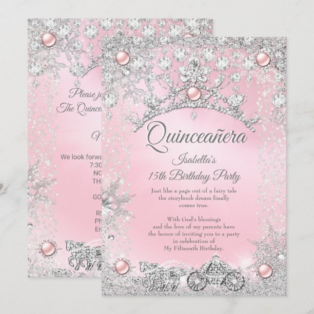 Invitation Quinceanera rose Tiara 15e Carriage d'hiver (Devant / Derrière)