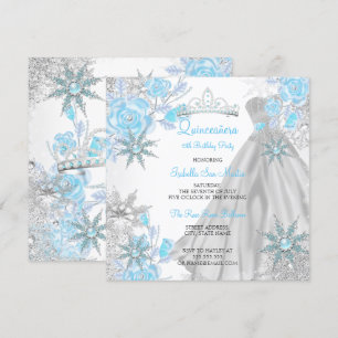 Invitation Quinceanera Rose Turquoise Winter Wonderland Snowf