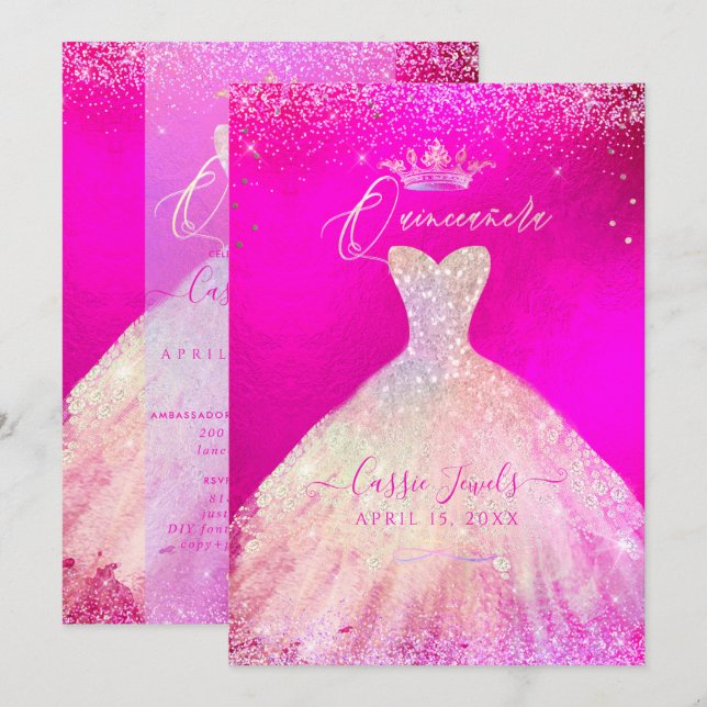 Invitation Quinceanera Rosée Chaude+Robe princesse Étincelant (Devant / Derrière)