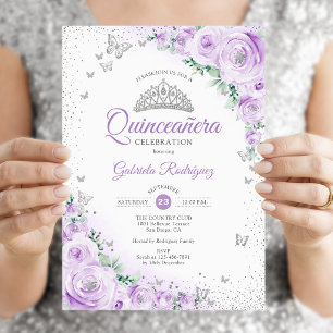 Invitation Quinceanera Roses Aquarelles Fleurs Violettes