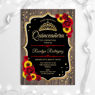 Invitation Quinceanera - Roses de tournesols en bois rustique
