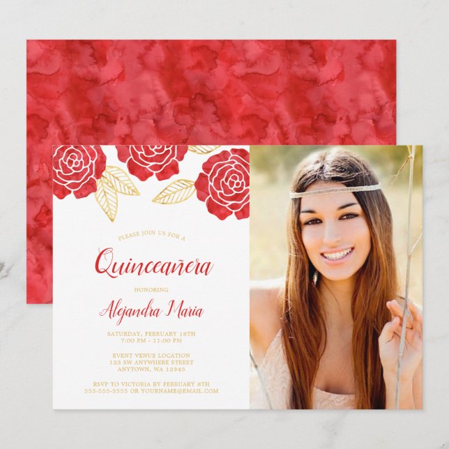Invitation Quinceanera Roses d'or rouge moderne (Devant / Derrière)