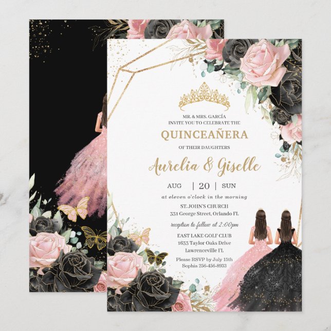 Invitation Quinceañera Roses roses noires Floral Princess Twi (Devant / Derrière)