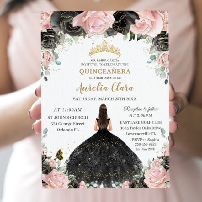 Invitation Quinceañera Roses roses roses noires Roses florale (Créateur téléchargé)