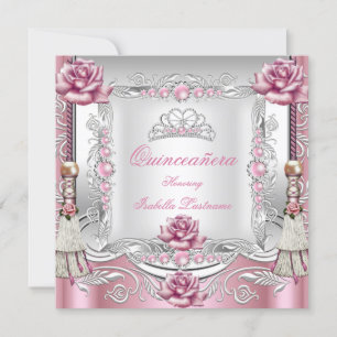 Invitation QUINCEANERA Roses Roses Roses Tassels Argent Tiara