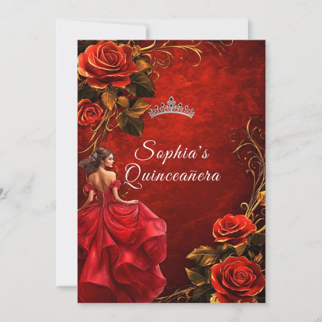Invitation Quinceanera Roses rouges et couronne (Devant)