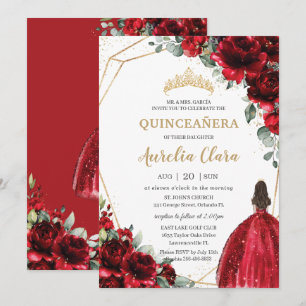 Invitation Quinceañera Roses Rouges Fleurs Floral Princess Go