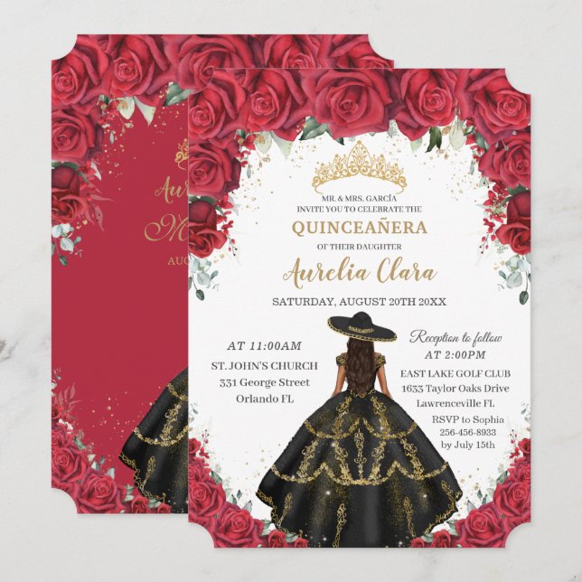 Invitation Quinceañera Roses Rouges Fleurs Roses Noir Robe Ca (Devant / Derrière)