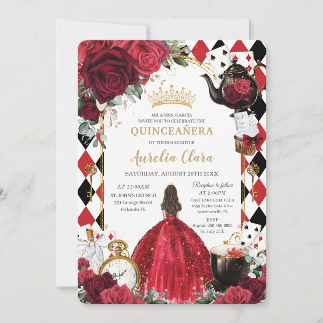 Invitation Quinceanera Roses Rouges Floral Alice au Pays des  (Devant)