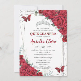 Invitation Quinceañera Roses rouges Floral Argent Princesse C