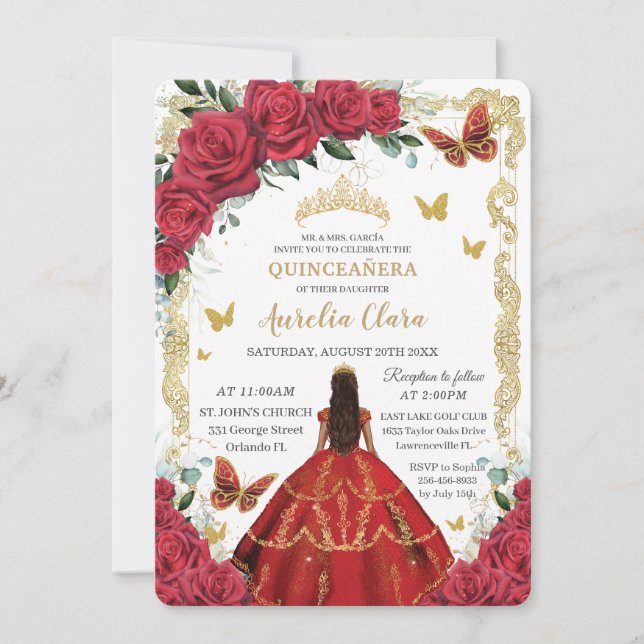 Invitation Quinceañera Roses rouges Floral Gold Princess 16e (Devant)