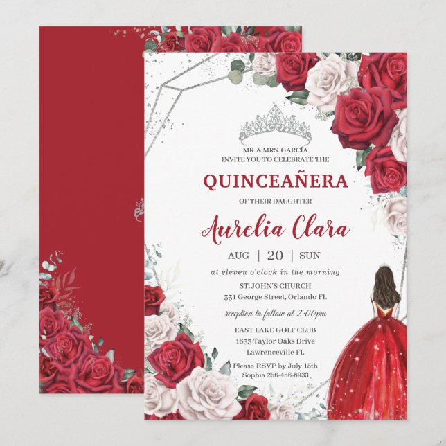 Invitation Quinceañera Roses rouges Floral Princesse Argent C (Devant / Derrière)