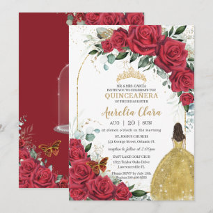 Invitation Quinceañera Roses rouges Floral Princesse Jaune Ro